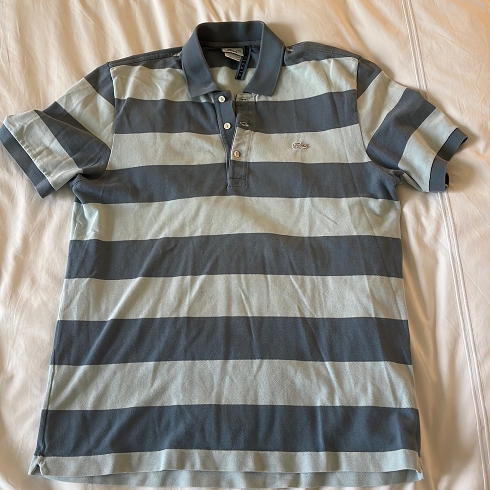 Gray-Blue/Green-Blue striped large men’s polo vintage washed shirt by Lacoste